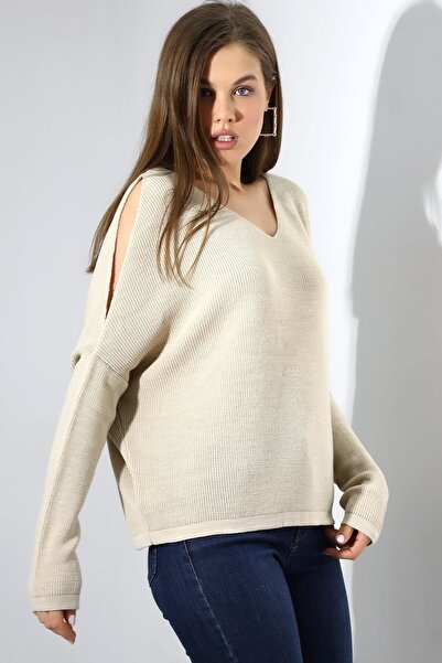 Devinka Γυναικεία πλεκτή μπλούζα με πέτρινο μανίκι με λεπτομέρεια Oversize V λαιμόκοψη