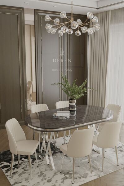 DEREN HOME Nex Serisi Mdf Lak Masa 90x168 Gümüş Metal Ayak 6 Adet Krem Baby F...