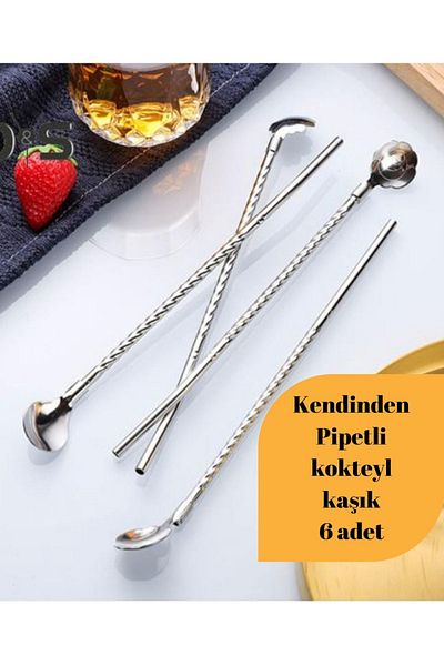 BRE HOME Set of 6 Stainless Steel Straw with Spoon - Metallic Color