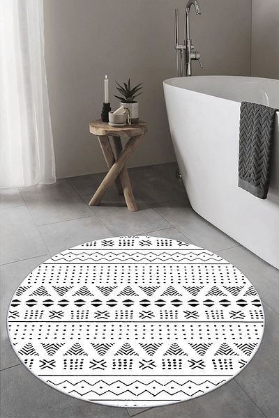 CENTER AVM Στρογγυλό χαλί μπάνιου Λευκό μαύρο χαλάκι μπάνιου