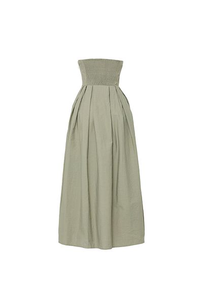 Quzu Khaki Color Strapless Long Dress - Pleat Detail