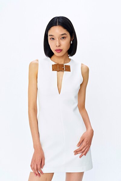 Quzu Ecru Mini Dress with Belt Accessory and Decollete Detail