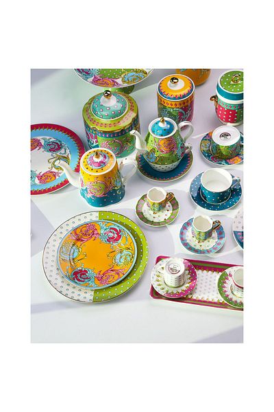 Lucky Art Estelle Bone - Set of 2 Coffee Cups with Trays, Mixed Patterned Porcelain