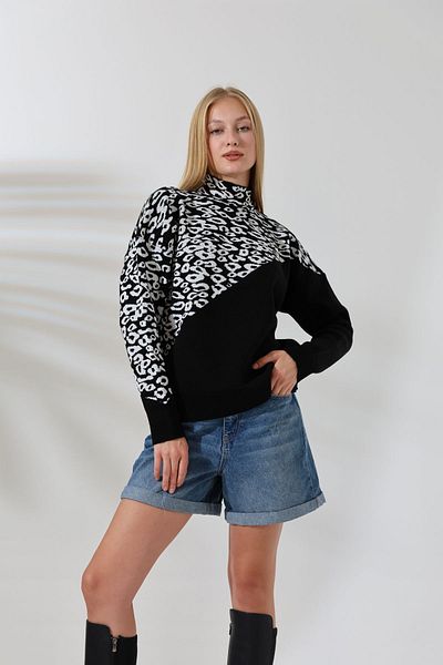 ALCHON Jumătate de gât țesut cu mânecă lungă, imprimeu leopard asimetric, pulover elegant de iarnă