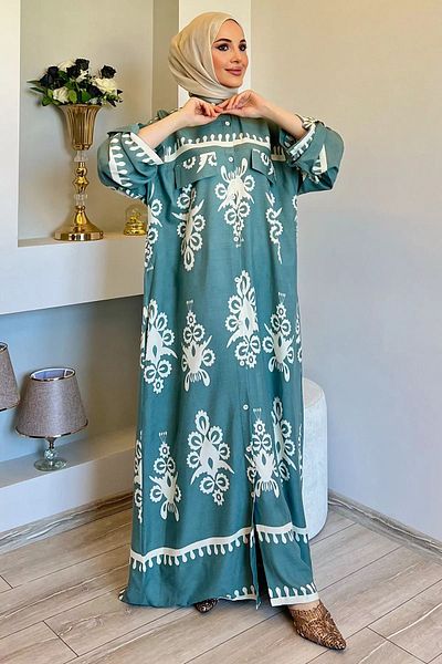 julude Viscose Hijab Dress - Mint Patterned and Buttoned