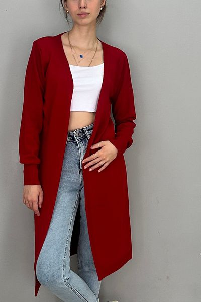 Tam Moda Women's Knitwear Red Mercerized Knitted Long Cardigan