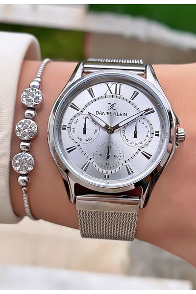 Daniel Klein Silver Color Waterproof Women's Wristwatch - With Bracelet Gift