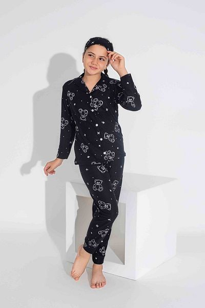 Tarık Women's Teddy Bear Patterned Front Buttoned Mother Girl Combination Suede Velvet Winter Warm Pajamas Set