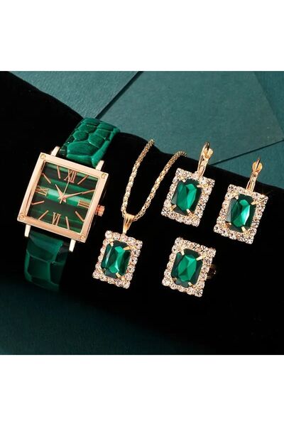 North طقم ساعة نسائية مربعة عتيقة - قلادة تناظرية وأقراط وخاتم 5 قطع باللون الأخضر