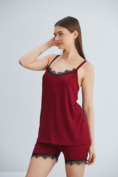 ÇAĞ MODA Set de pijamale din dantelă, pantaloni scurți tricotați din viscoză, roșu claret