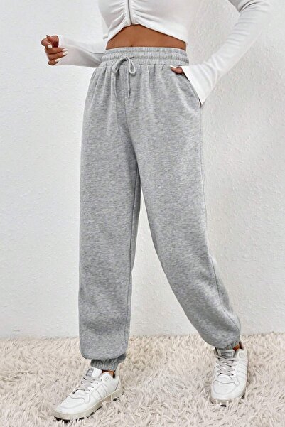 NAKRUF بنطال رياضي أسود بأرجل مطاطية عالية الخصر