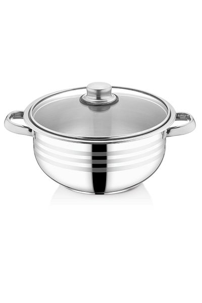 SAFLON Bestinox 3.9 Liter Steel Deep Pot - 22X11 cm Pipe Handle and Glass Lid