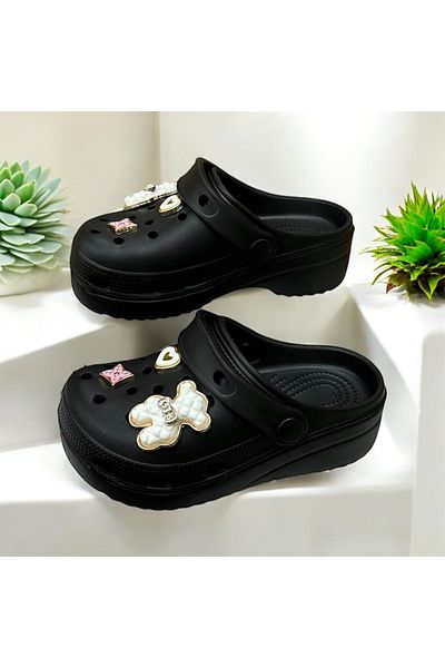 fikret bağcı Black Closed Toe Children's Slippers - Cros with Stone Detail