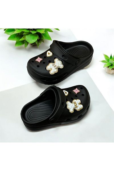 fikret bağcı Black Closed Toe Children's Slippers - Cros with Stone Detail