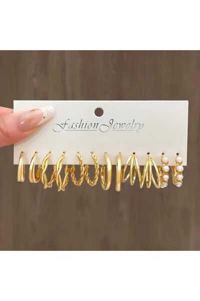 Perry Accesories çoklu incili halkalı kare kombin küpe seti çoklu küpe kadın küpe