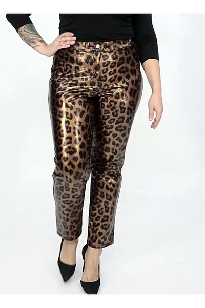 AKŞEN GİYİM Leopard Print - Loose Lycra Leather Trousers with Lace-up Waist and Thin Ribbon, Large Size