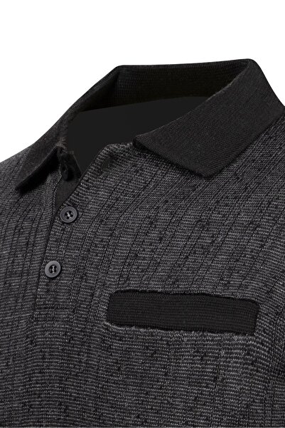 Çizgi Triko Ανδρικό πλεκτό πουλόβερ με ριγέ γιακά πόλο - Διακοσμημένα μπράτσα και ελαστική μέση, ατσάλινο πλεκτό κλασικό σχέδιο - 5005FA