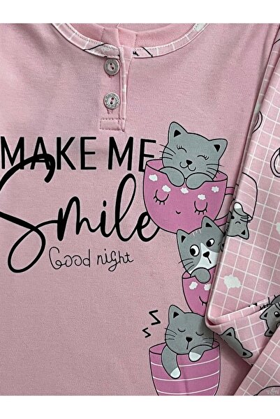 Tarık Pink Cat Patterned Cotton Girl's Pajama Set - Half Buttoned, Long Sleeve