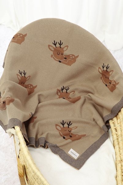 Battani.Co Knitwear Knitted Baby Blanket for Baby Girl and Boy Brown Deer 85cm X85Cm