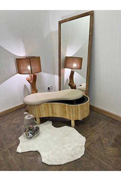 Aberteka Real Ahşap Ekru Deri Puf&Bench