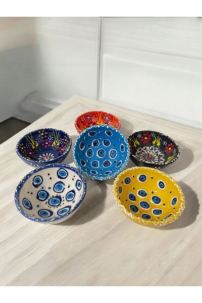 Artistic Quality Tulip Evil Eye Patterned Embroidered Ceramic Sauce Bowl - Snack Bowl - Breakfast Bowl 6 Pieces