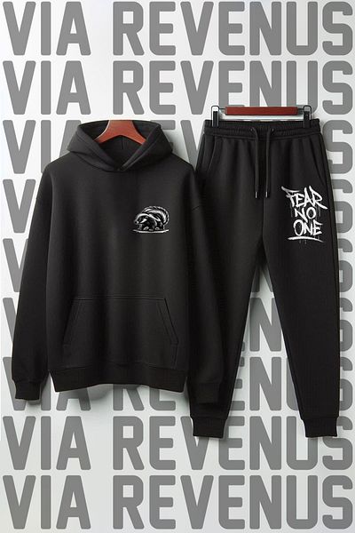 Vordevia Unisex Fear No One Printed Honey Badger Hooded Tracksuit Set - Wide Fit