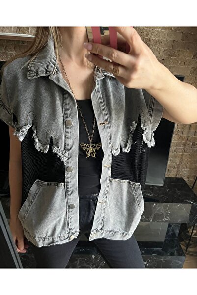 Cardella Джинсовий жилет з кишенями, деталями з бахромою та сіткою, широкий та зручний крій