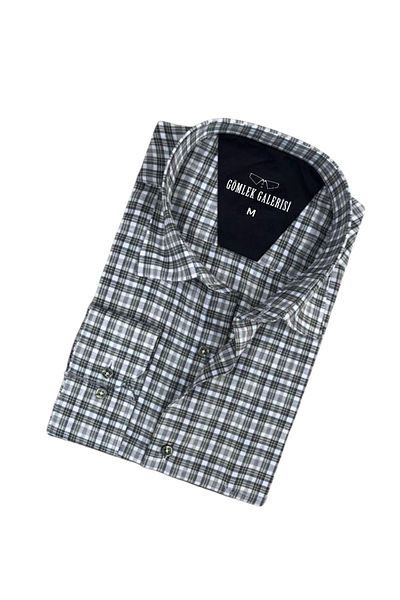 GÖMLEK GALERİSİ Men's Shirt - Classic Relaxed Fit, Plaid Cotton, Long Sleeve