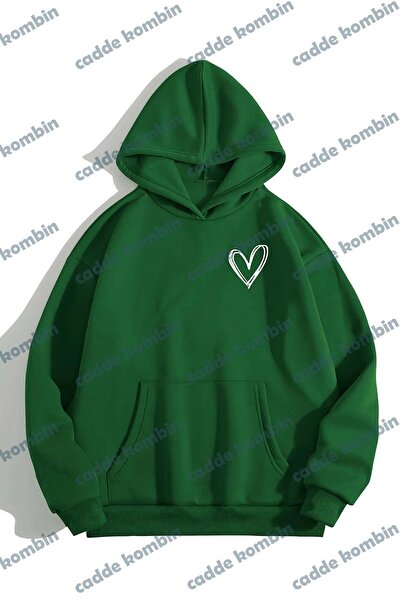 caddekombin Φούτερ με πράσινο εμπριμέ λογότυπο καρδιάς - Oversize Winter Thick