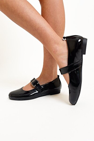 RABU حذاء باليرينا أسود من الجلد اللامع بإبزيم معدني - جلد طبيعي، مريح يوميًا