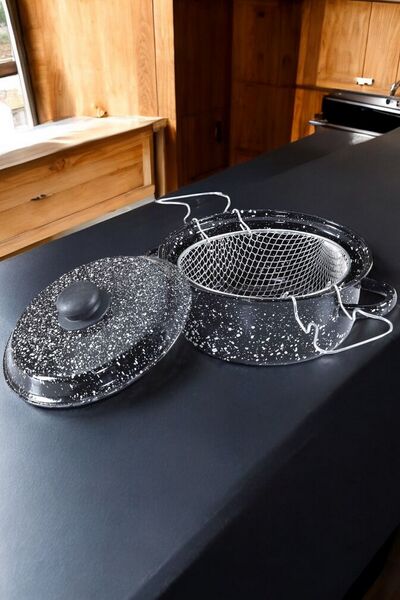 SürLaz وعاء قلي مع غطاء، مقلاة مطلية بالمينا، وعاء قلي البطاطس 22 سم