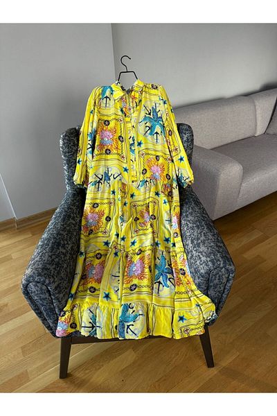 Natavanbutık Cotton Yellow Floral Patterned Long Jalabiya Dress