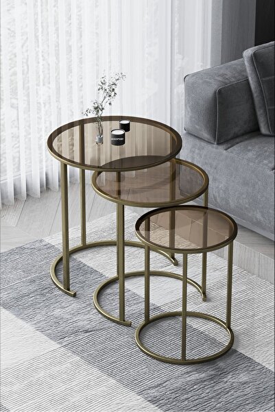 Huga Metal Ceylin Zgion Sehpa Pirinç Renk Bronz Cam Zigon Sehpa