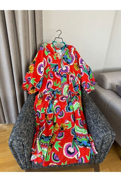 Natavan Rochie roșie din bumbac cu modele florale - Jalabiya