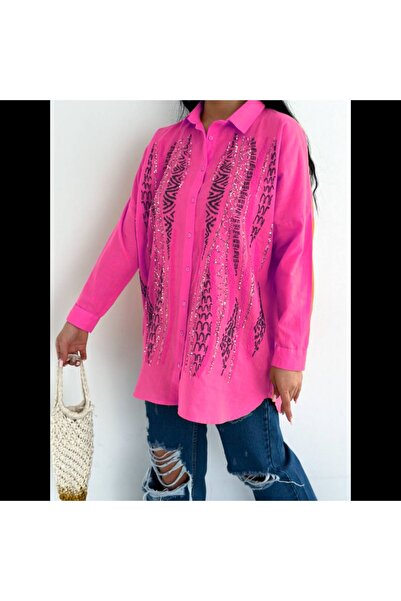 Esra Butik Hane KADIN PEMBE PUL PAYET İŞLEMELİ OVERSİZE STANDART BEDEN GÖMLEK