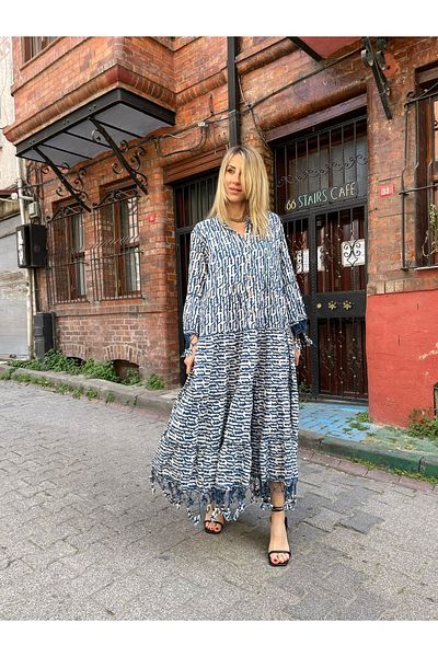 Natavan Rochie Jalabiya cu ciucuri cu model albastru