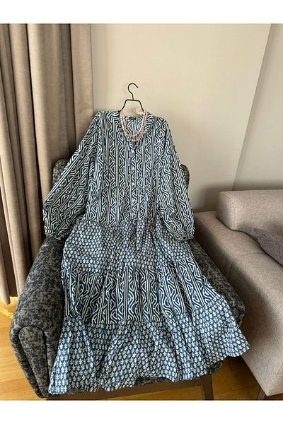 Natavan Rochie de vară lungă din bumbac albastru - Jalabiya cu nasturi