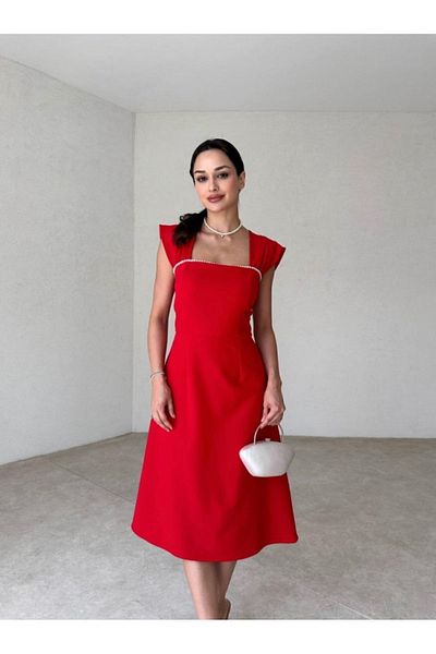 Afiş Butik Red Pearl Sequined Collar Thick Strap Midi Dress