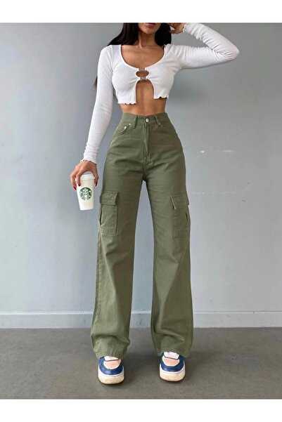 DRC trend Γυναικείο παντελόνι Khaki Fadeless Lycra Back Pocketless Model Cargo Palazzo