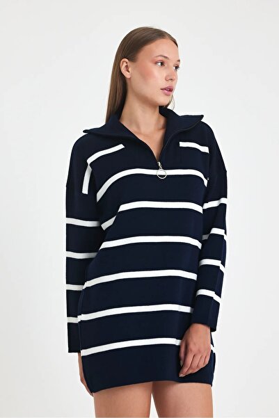 AYASOFYA OTANTIK Жіноча трикотажна туніка з блискавкою та синіми смужками