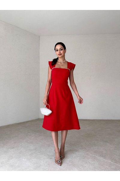Afiş Butik Red Pearl Sequined Collar Thick Strap Midi Dress