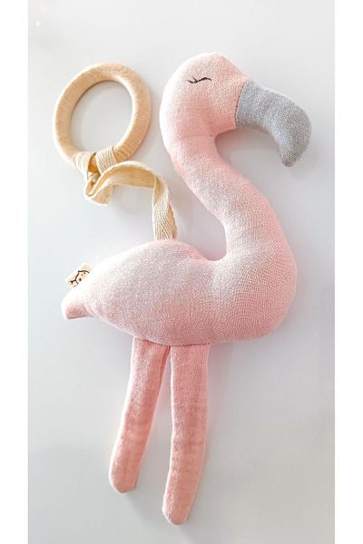 O&G Collection Flamingo 100% Cotton Organic 4 Layer Multi Muslin Wooden Teether Toy / Baby Room Decor