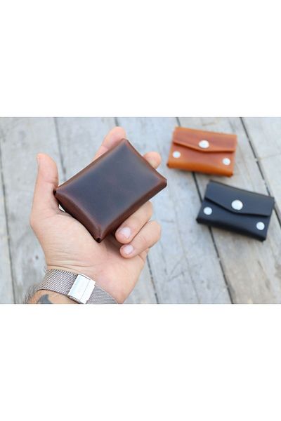Derici Amca Genuine Italian Calf Leather, Handmade, Minimal Silver Snap Fastener Small Wallet Card Holder Brown