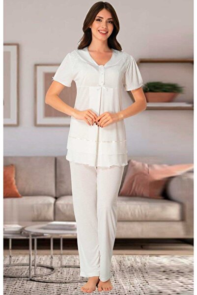 HAMİLE ÇARŞI Women's Ecru Maternity Pajama Set with Hidden Breastfeeding Feature Effortt 8022
