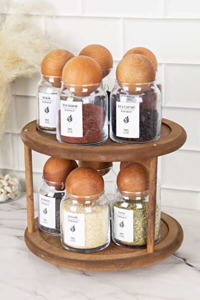 DNS HOME 10-Piece Dark Wooden Spinning Stand with Wooden Ball Lid and Labeled Glass Spice Jar Storage Jar 300ml