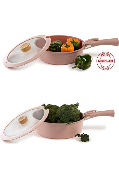 NEOFLAM Midas Pink 12 Piece (With Spare Handle) Interlocking Induction Pot and Pan Set with Detachable Handle