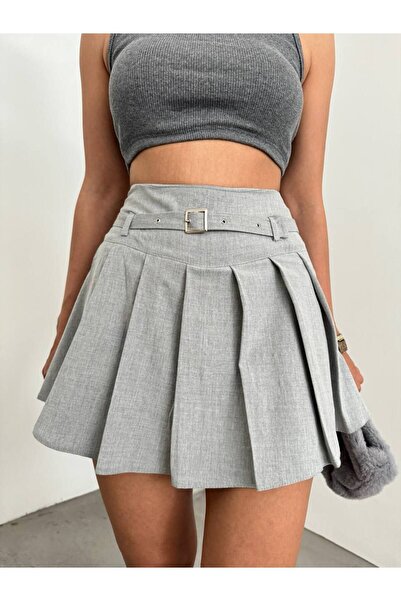 Fav Style Fusta Mini Gri - Femei, Detaliu Curea, Pantaloni Pliuri