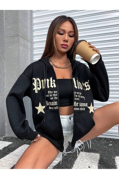 coolart Cardigan de iarnă negru cu imprimeu supradimensionat cu glugă - cu fe...