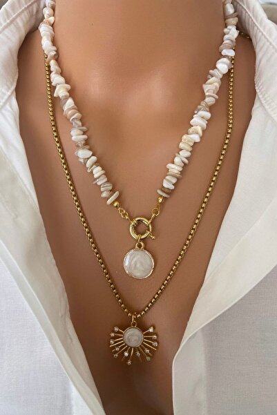 TARZ-I TAKI (İKİ KOLYE) Doğal Taş Taşı Kırık Beyaz Krem ÇELİK Zincir Zirkon Taşlı Güneş Uç Kadın Kolye