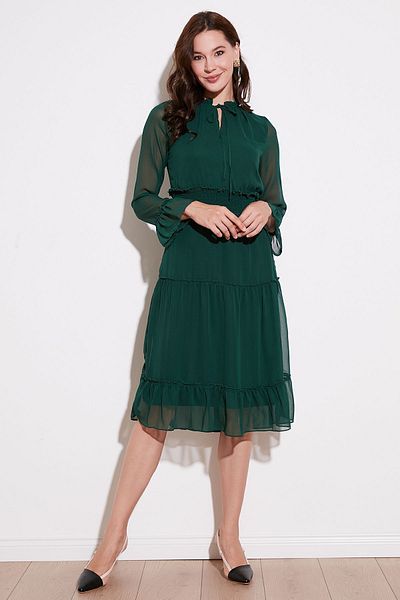 Lela Regular Fit Midi Length Woven Chiffon Dress with Tulle Gimp Sleeves DRESS 611EL114
